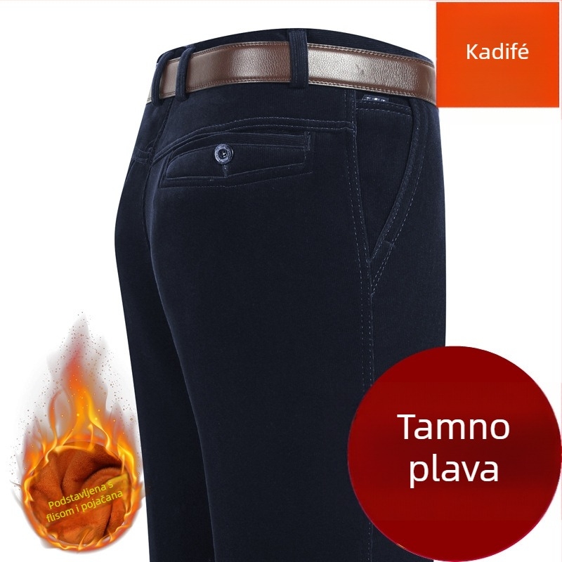 Corduroy muške hlače, visok pojas, opušteni ravni kroj, zimske casual hlače za muškarce srednje dobi, s kaišem