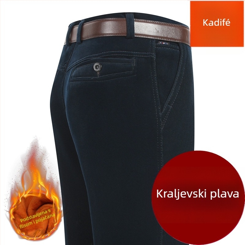 Corduroy muške hlače, visok pojas, opušteni ravni kroj, zimske casual hlače za muškarce srednje dobi, s kaišem
