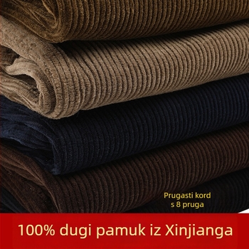 Muške hlače od 100% pamuka – grub korduroj, udoban široka ravna kroja, visoki struk, zimske svakodnevne hlače, prugaste