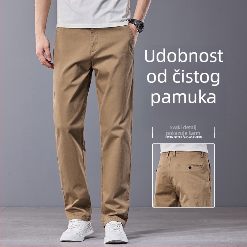 Muške casual hlače visoke kvalitete u kaki boji, ravnog kroja, pamuk, 2026 novi stil, s elastičnim materijalom