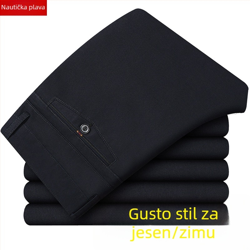Muške casual hlače za srednju dob, visoki pojas, ravni kroj, debeli pamuk, za jesen i zimu