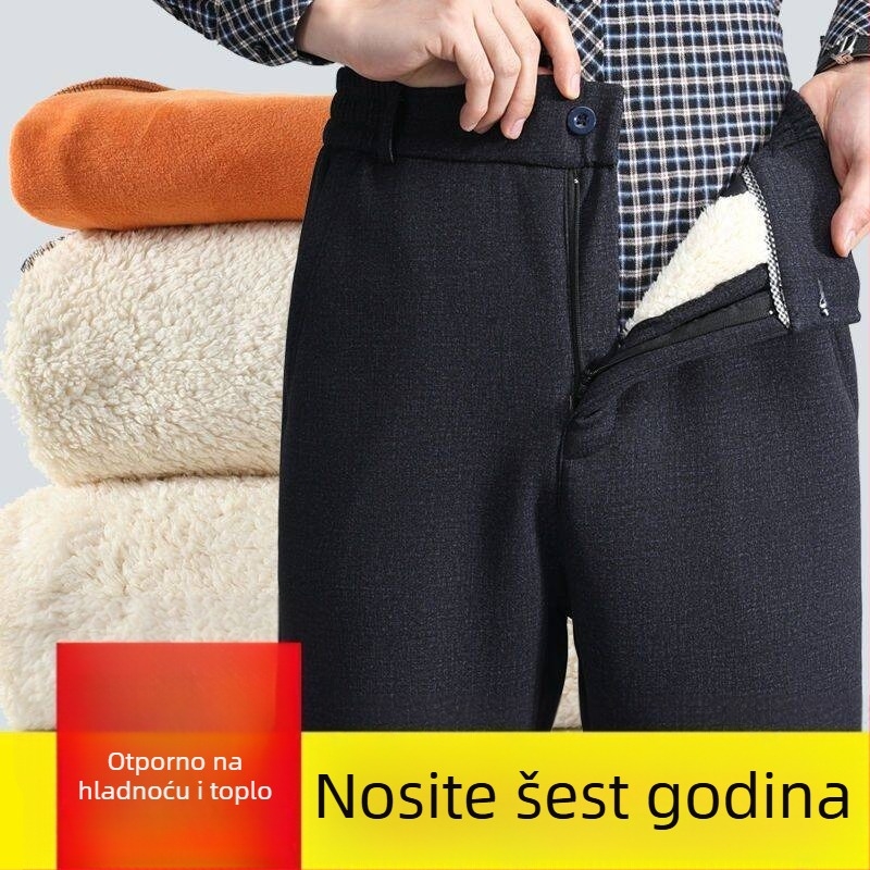 Zimske muške hlače od fleeca ovčje vune, debele, s elastičnim pojasom, opuštenog kroja, ravnog kroja, visokim strukom, za muškarce srednje dobi i starije.
