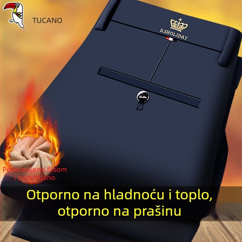 Muške zimske casual hlače ravnog kroja s flekso podstavom, visokim strukom, zip zatvaračem