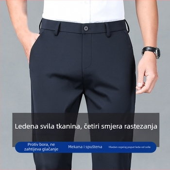 Muške casual poslovne hlače — ice silk, ljeto, srednji pojas, zip, rastezljiva tkanina