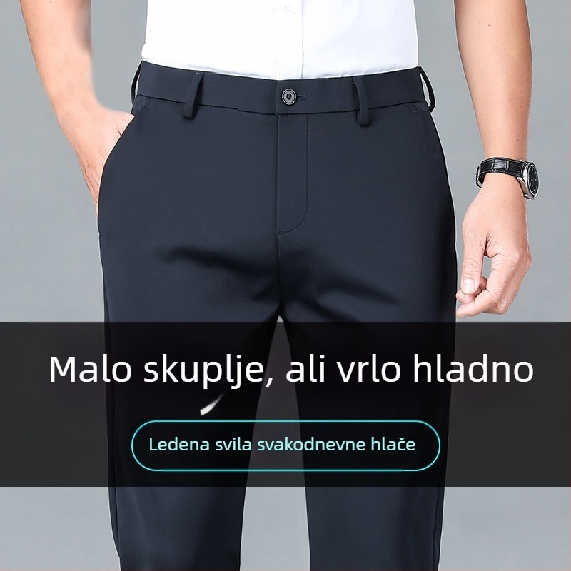 Muške casual poslovne hlače — ice silk, ljeto, srednji pojas, zip, rastezljiva tkanina