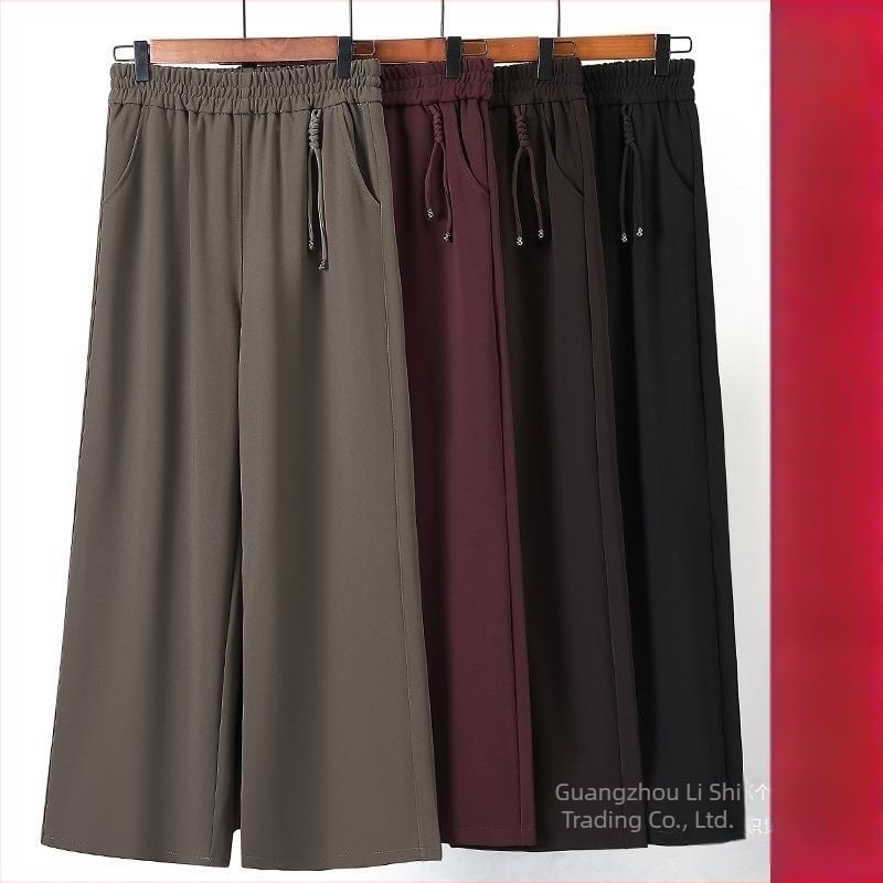 Ženske široke hlače za srednju i stariju dob, jesen-zima, udobne, s elastičnim pojasom, retro stil (TR tkanina, PVC 90–95%, Triacetate <30%, proljeće 2025)