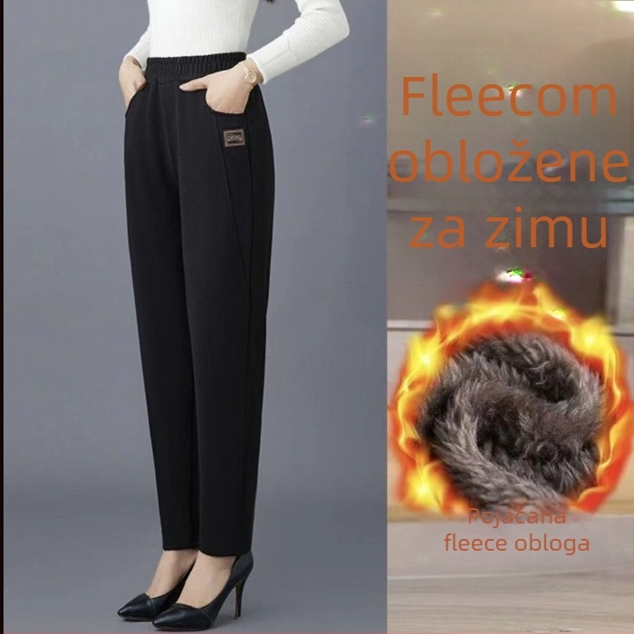 Harém hlače za žene, podstavljene flisom, chenille tkanina, spandeks mješavina, tri četvrtine duljine