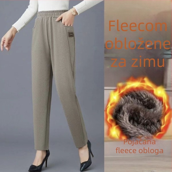 Harém hlače za žene, podstavljene flisom, chenille tkanina, spandeks mješavina, tri četvrtine duljine