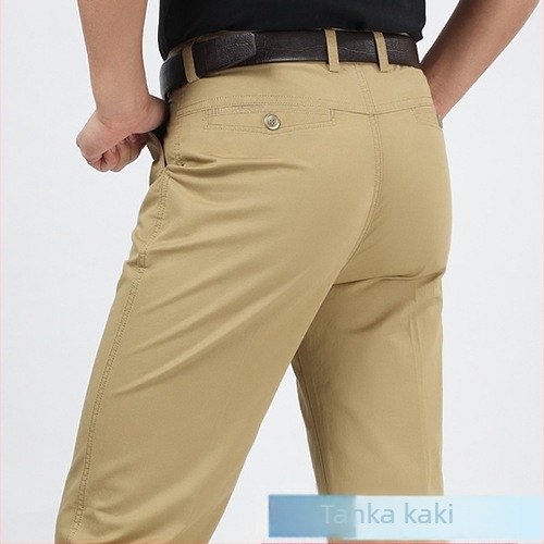 Muške lagane pamucne hlače s ravnim krojem, visokim strukom, poslovno casual stil, udoban kroj, za muškarce srednje dobi i starije.