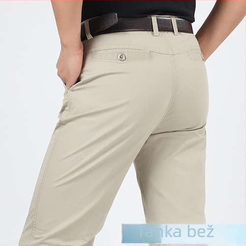 Muške lagane pamucne hlače s ravnim krojem, visokim strukom, poslovno casual stil, udoban kroj, za muškarce srednje dobi i starije.