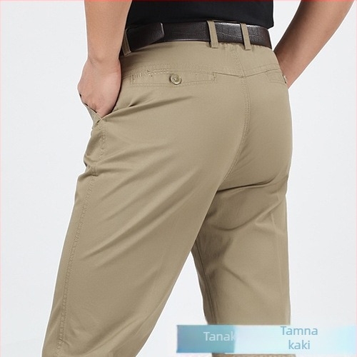 Muške lagane pamucne hlače s ravnim krojem, visokim strukom, poslovno casual stil, udoban kroj, za muškarce srednje dobi i starije.