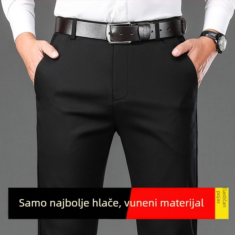 Poslovno-udobne ravne muške hlače s fleec podstavom, srednje visoki struk, zatvarač, vuneno-poliesterska smjesa