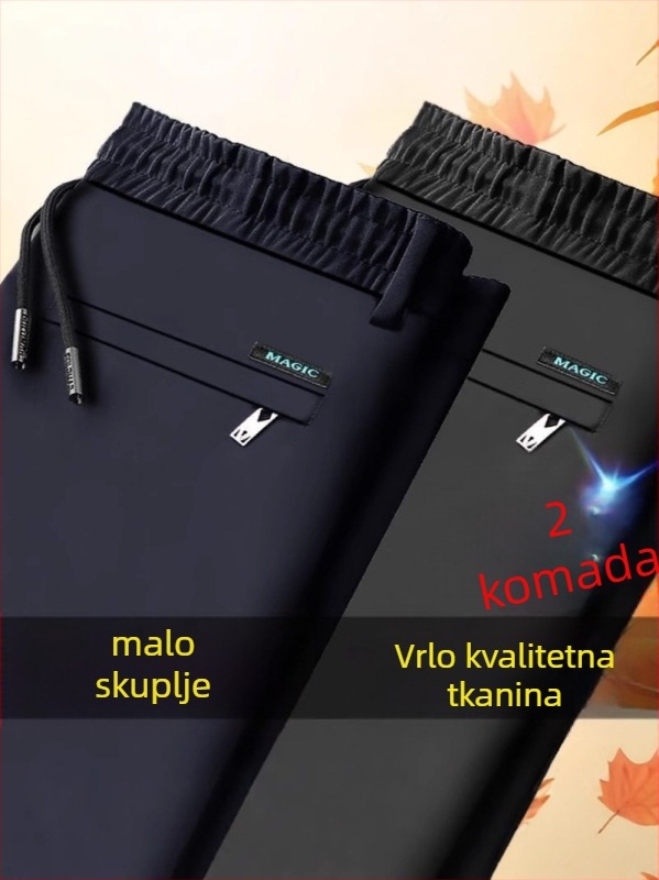 Muške hlače za srednju dob, proljeće–jesen, Ice Silk tkanina, labavi prav kroj, lagane, bez glačanja, visoka elastičnost, plus veličine