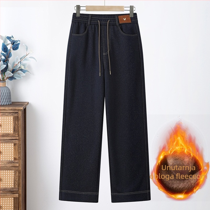 Džinsi s flisom, elastični pojas, ravni slobodnog kroja, zimsko izdanje 2025, poliester >95%