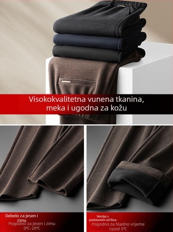 Muške hlače od ovčje vune, širokog kroja, ravni kroj, visok pojas, fleec podstava, zimske hlače za svakodnevnu uporabu