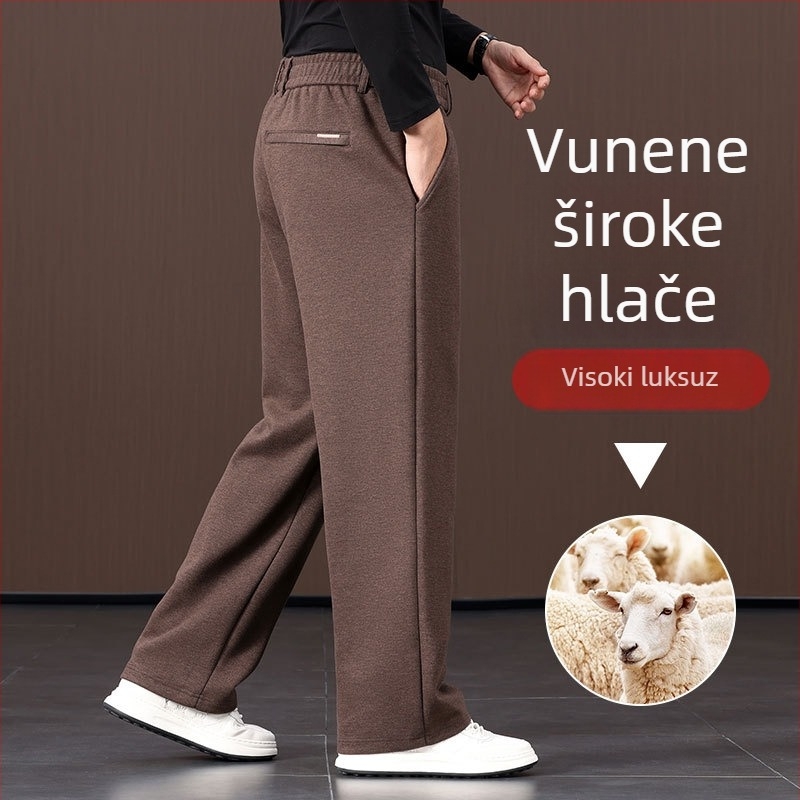 Muške hlače od ovčje vune, širokog kroja, ravni kroj, visok pojas, fleec podstava, zimske hlače za svakodnevnu uporabu