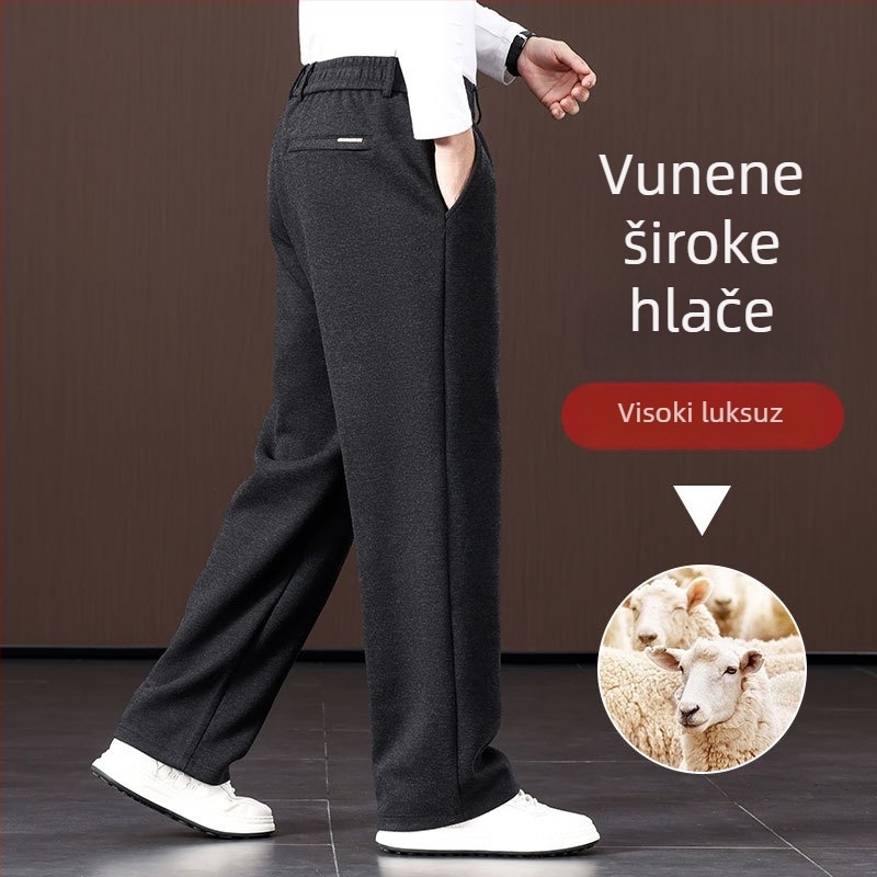 Muške hlače od ovčje vune, širokog kroja, ravni kroj, visok pojas, fleec podstava, zimske hlače za svakodnevnu uporabu