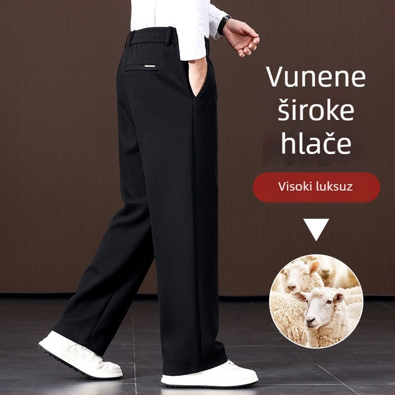 Muške hlače od ovčje vune, širokog kroja, ravni kroj, visok pojas, fleec podstava, zimske hlače za svakodnevnu uporabu