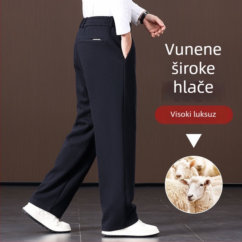 Muške hlače od ovčje vune, širokog kroja, ravni kroj, visok pojas, fleec podstava, zimske hlače za svakodnevnu uporabu
