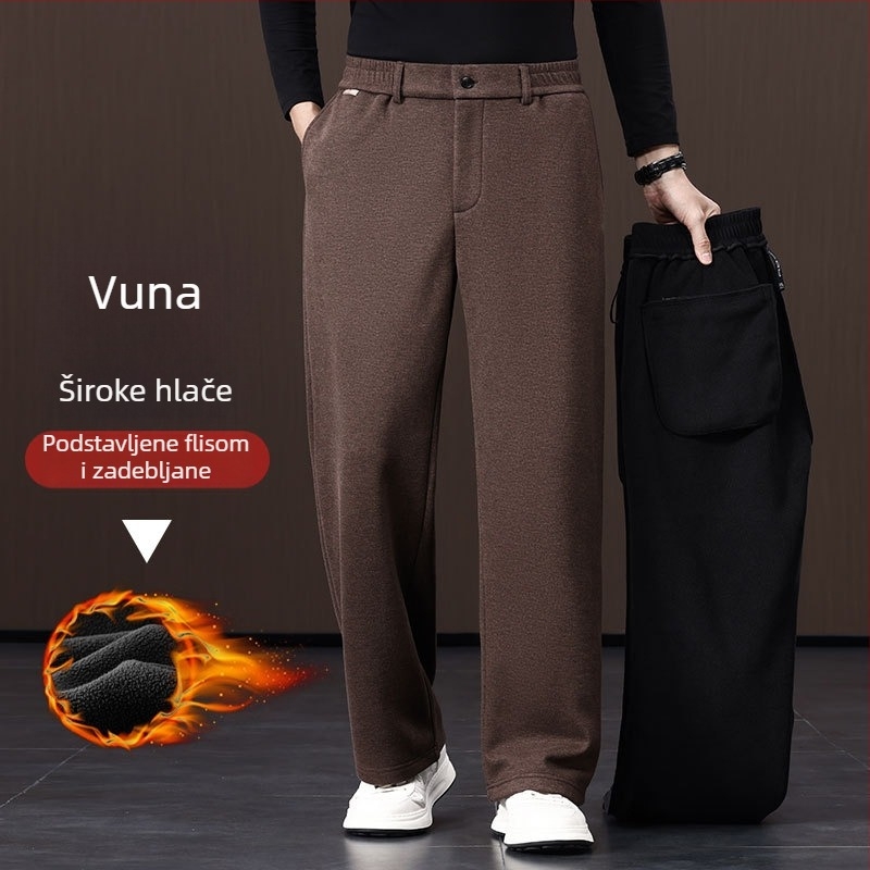 Muške hlače od ovčje vune, širokog kroja, ravni kroj, visok pojas, fleec podstava, zimske hlače za svakodnevnu uporabu