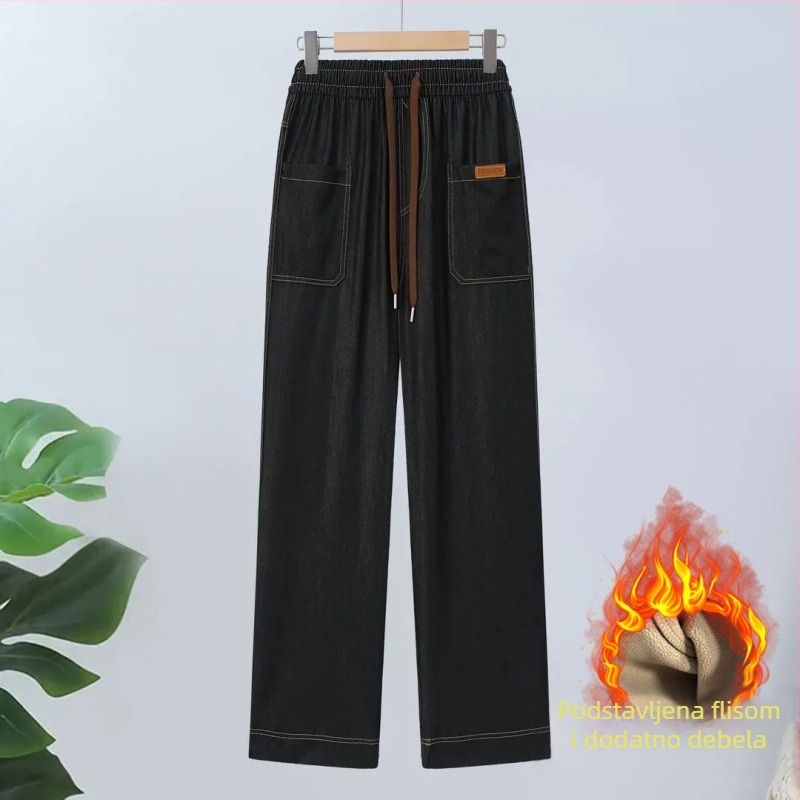 Ženske denim hlače ravnog kroja, visokim strukom, opuštena silueta, teške za jesen-zimu, 70–80% poliester