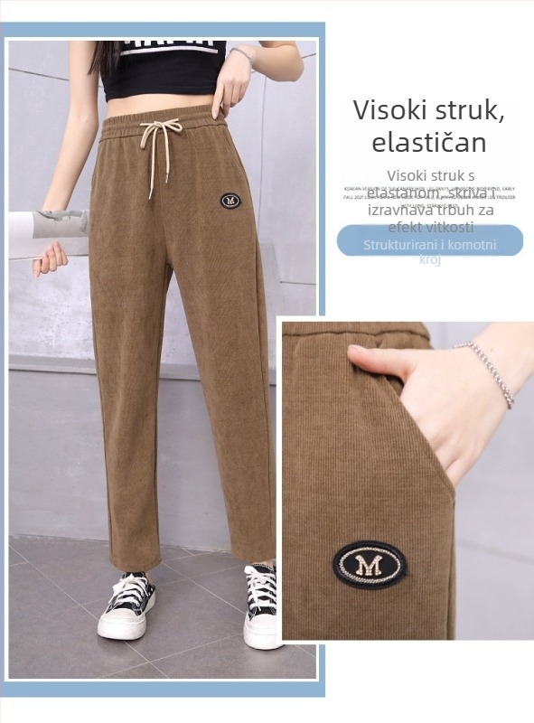 Ženske trenirke hlače od kapok velura, ravni kroj, flis podstava, debele zimske hlače, poliesterska smjesa 80–90%, Zima 2024