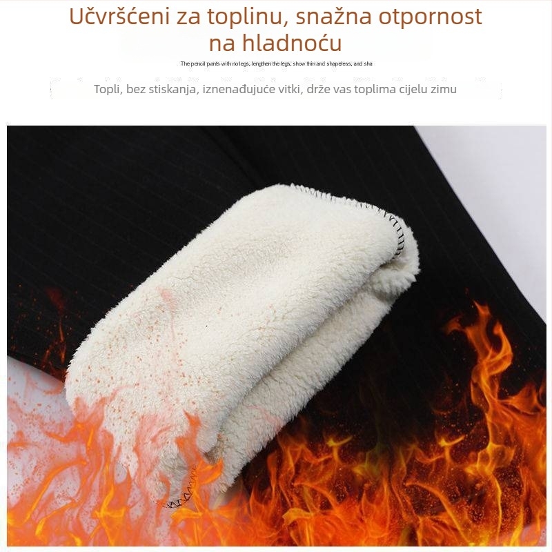 Hlače za plus veličine, za jesen-zimu, s debelim fleece podstavom, opuštenog ravnog kroja, visokim strukom, prugaste