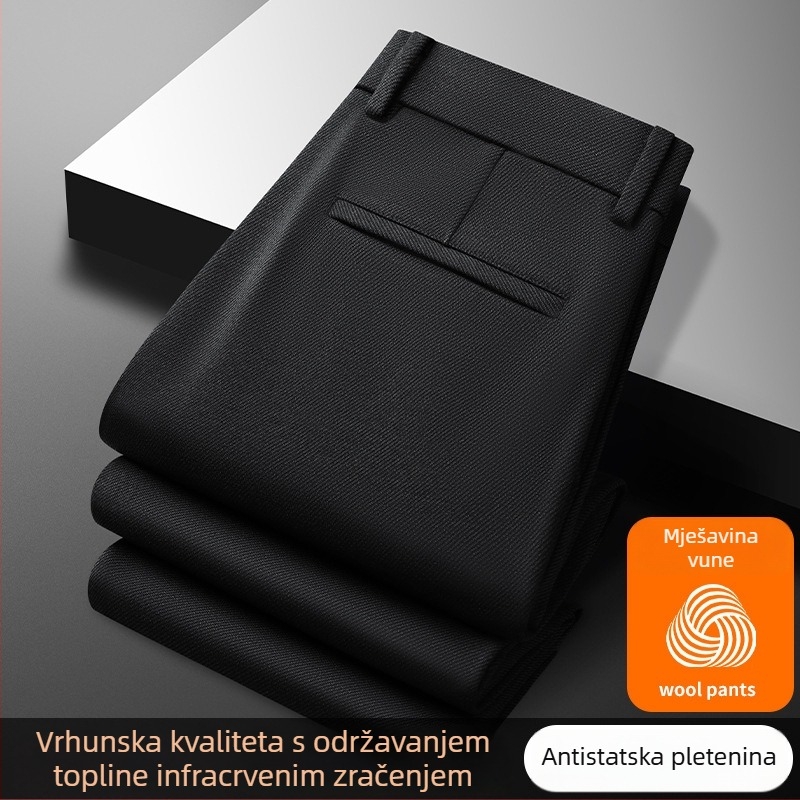 Muške hlače od ovčje vune, široke nogavice, visoki struk, zatvarač, 100% poliester, zimske poslovno casual