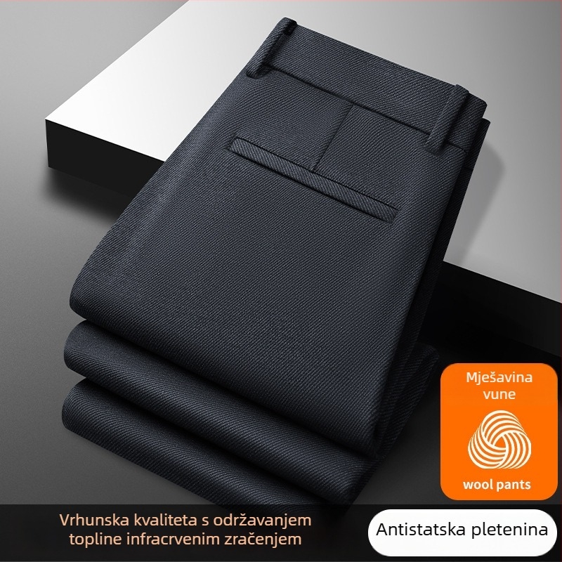 Muške hlače od ovčje vune, široke nogavice, visoki struk, zatvarač, 100% poliester, zimske poslovno casual