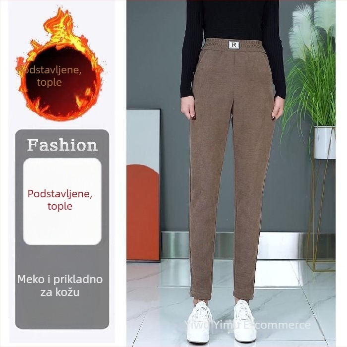 Harém hlače od chenilla s flisom, visokim strukom, plus-size, za žene srednje do starije dobi, udobne, tople i elegantne