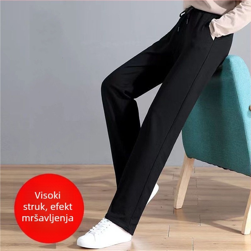 Ženske casual hlače od pamuka-elastana, ravni kroj, visok struk, opuštena silueta, mikroelastičnost, Proljeće 2024