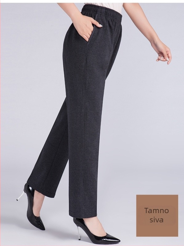 Pantalone za žene srednje dobi, jesensko-zimske, s flis podstavom, visokim strukom, pamučni materijal