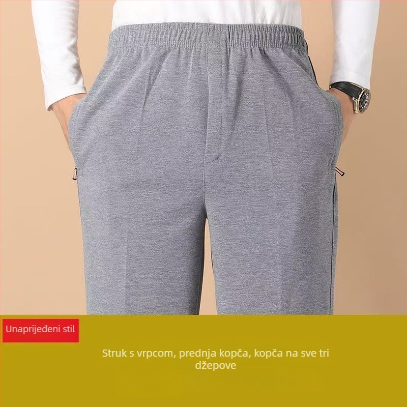 Muške casual sportske hlače za muškarce srednje dobi, ravni kroj, elastičan pojas, prozračan rastezljivi materijal, zip zatvarač, za proljeće i jesen