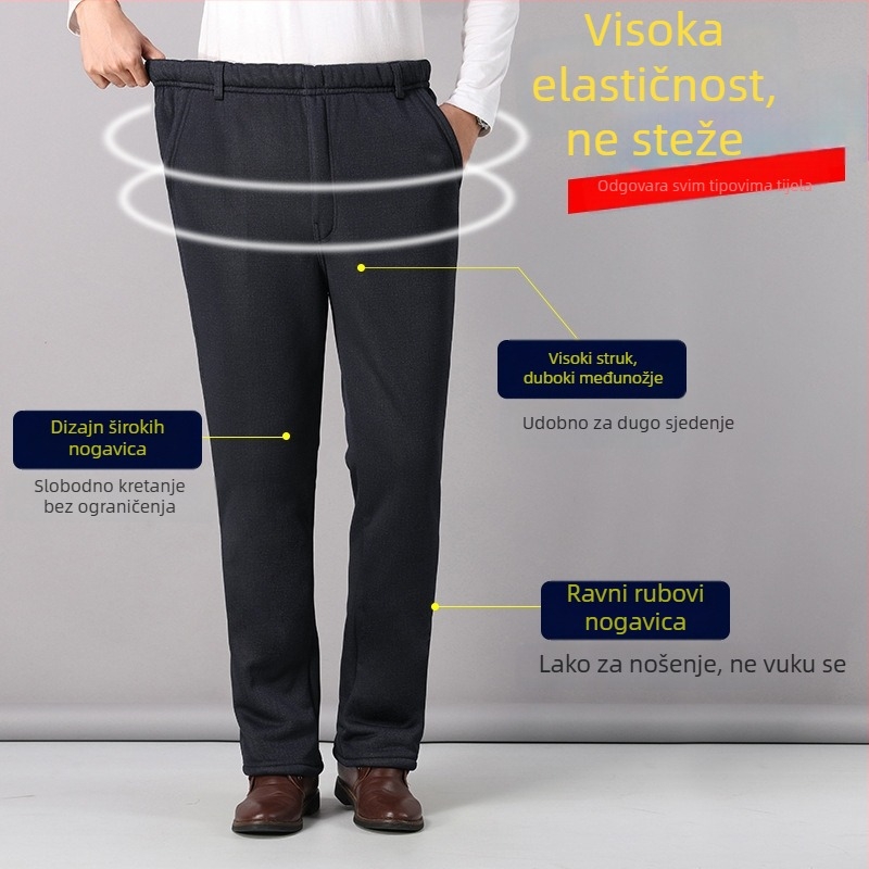 Zimske muške hlače s flisom, ravnog kroja, visokim strukom, casual udobne hlače za starije muškarce