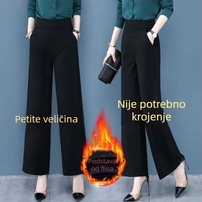 Ženske tople široke hlače s flecom za jesen-zimu, ravni kroj, visokim strukom, duge