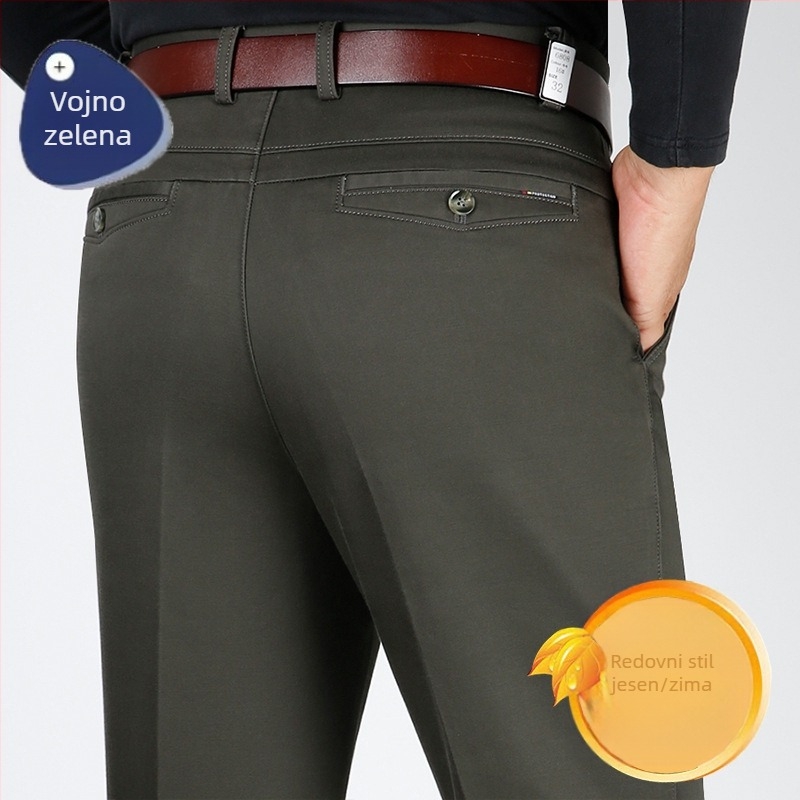 Muške hlače od elastnog pamuka – poslovno casual, srednje-visoki pojas, opuštena ravna kroj, bez glačanja, zimska debela tkanina