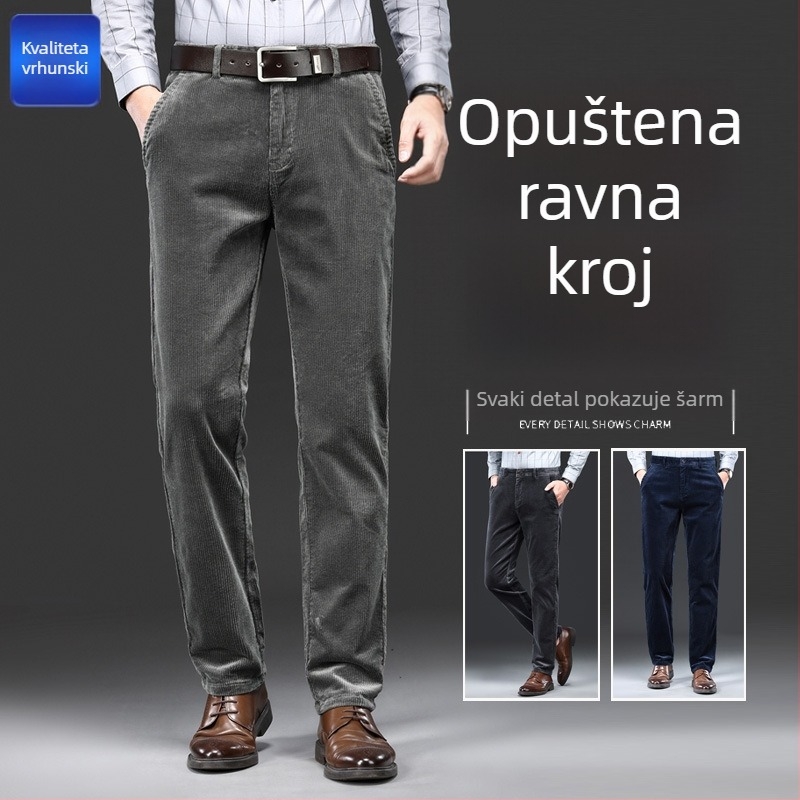 Muške kordurojeve hlače za jesen-zimu, ravni kroj, visok struk, bez pojasa, zip, prugasti uzorak, 97% pamuk