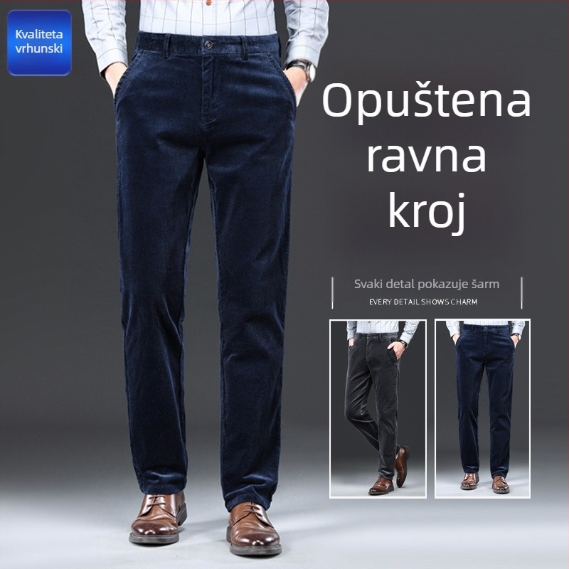 Muške kordurojeve hlače za jesen-zimu, ravni kroj, visok struk, bez pojasa, zip, prugasti uzorak, 97% pamuk