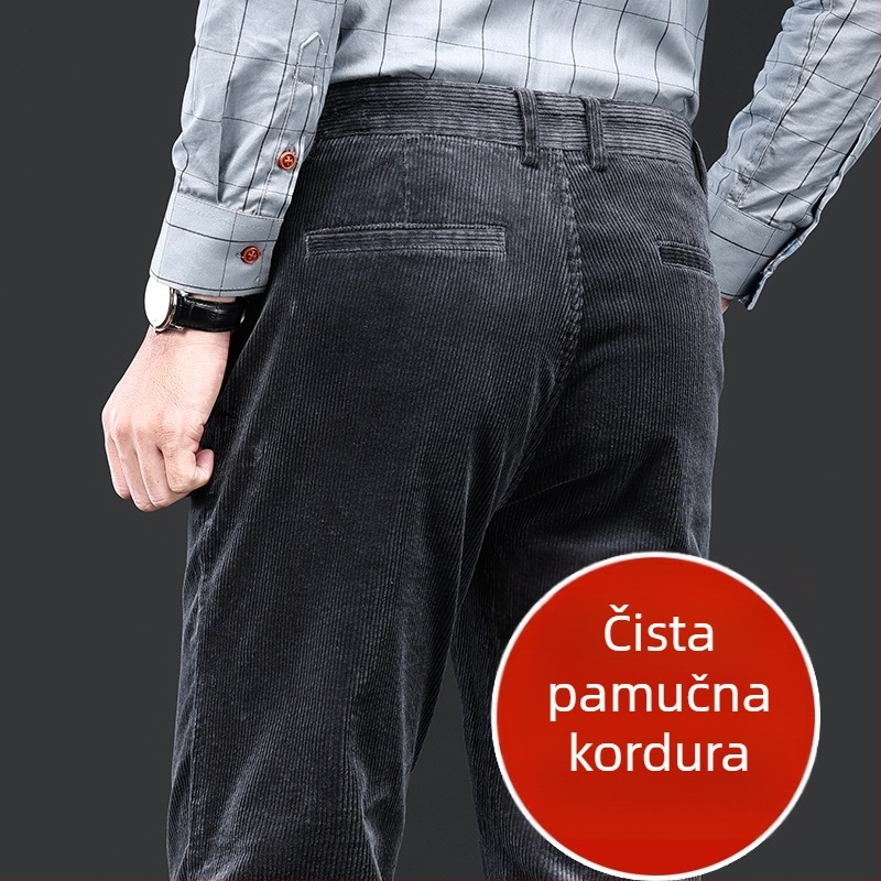 Muške kordurojeve hlače za jesen-zimu, ravni kroj, visok struk, bez pojasa, zip, prugasti uzorak, 97% pamuk