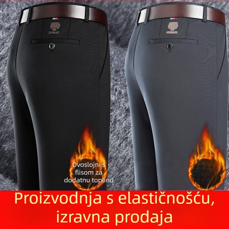 Muške hlače u poslovno-kav casual stilu, visok pojas, ravni kroj, fleec podstava, poliester mješavina, zatvarač