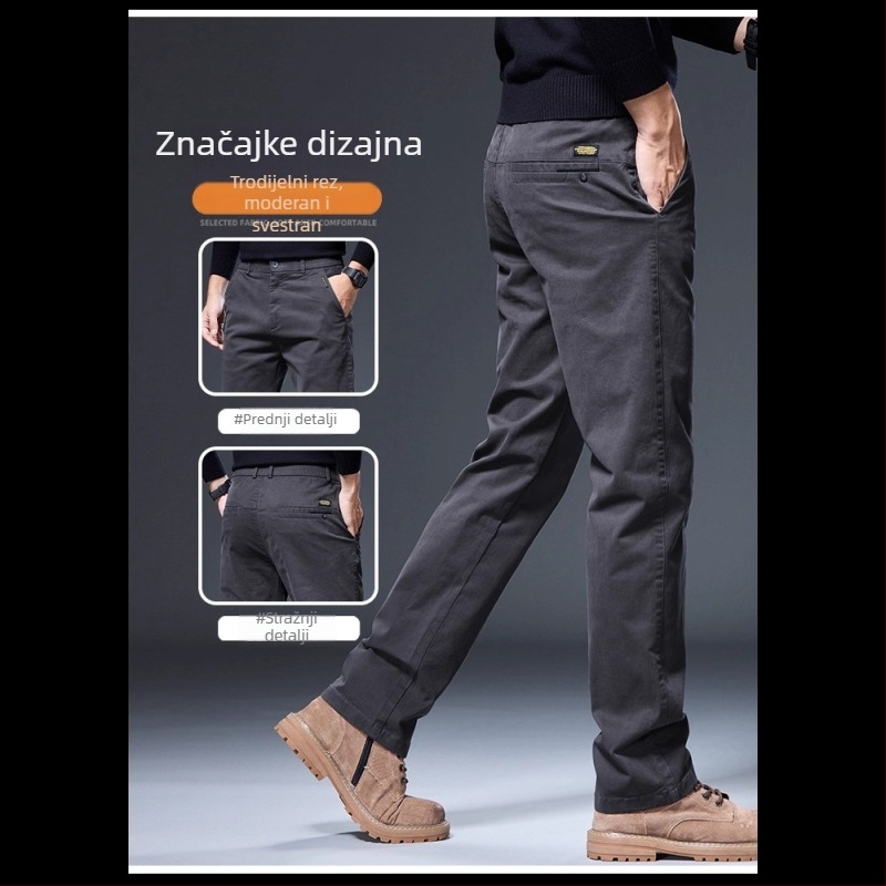 Muške hlače ravnog kroja za poslovnu svakodnevicu, gusta jesenja tkanina, srednji pojas, zatvarač, mikroelastičnost, džepovi