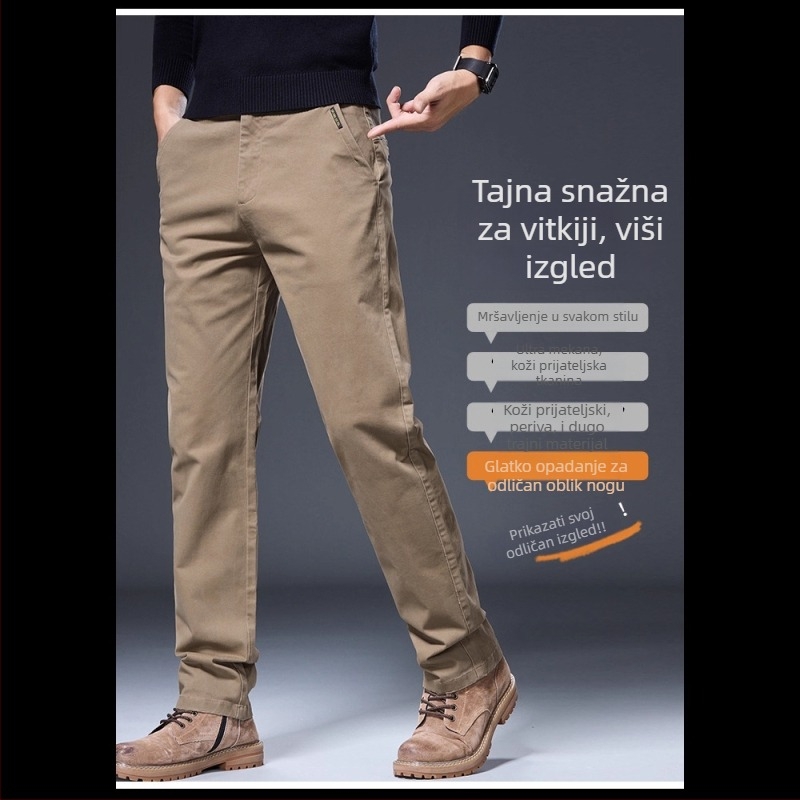 Muške hlače ravnog kroja za poslovnu svakodnevicu, gusta jesenja tkanina, srednji pojas, zatvarač, mikroelastičnost, džepovi