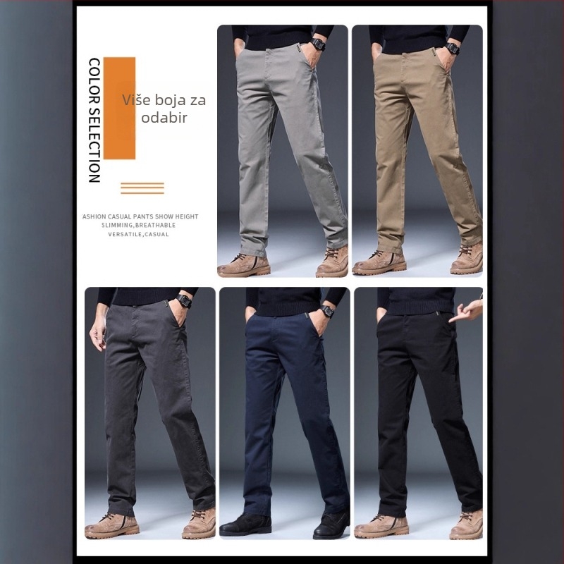 Muške hlače ravnog kroja za poslovnu svakodnevicu, gusta jesenja tkanina, srednji pojas, zatvarač, mikroelastičnost, džepovi