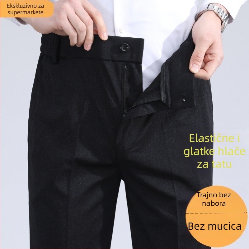 Casual hlače za muškarce srednje dobi, proljetno-jesenski stil, opušteni ravni kroj, visok struk, s elastičnim pojasom i više džepova
