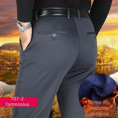 Muške zimske hlače s fleece podstavom, četverostruka elastičnost, visoki struk, ravni kroj, opuštena silueta, plus veličina
