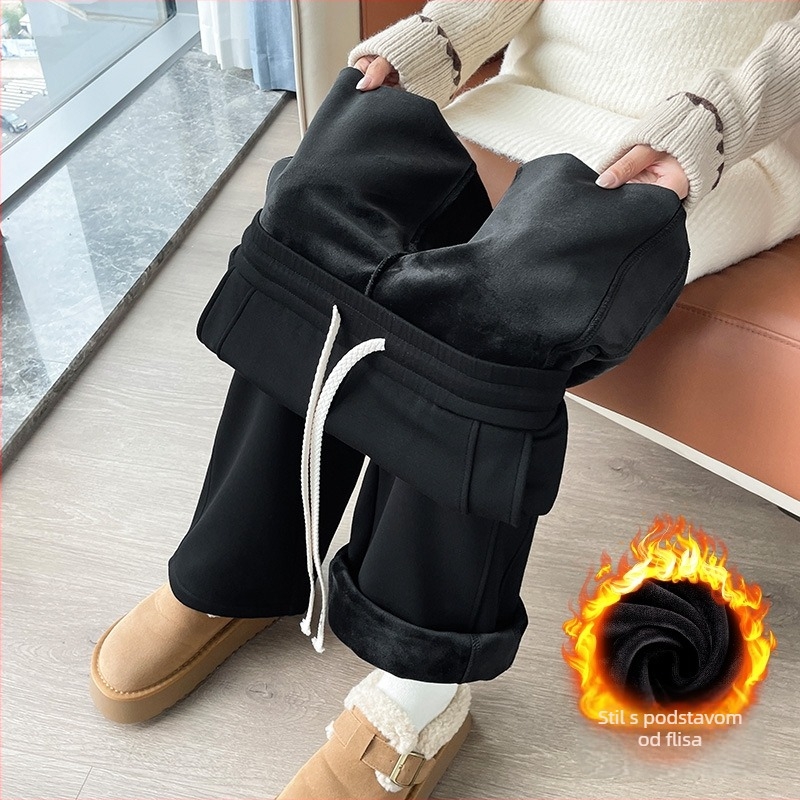 Ženske hlače od ovčje vune s fleece podstavom, uski kroj s širokim nogavicama, casual stil, jesen zima