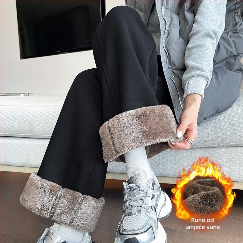 Ženske hlače od ovčje vune s fleece podstavom, uski kroj s širokim nogavicama, casual stil, jesen zima