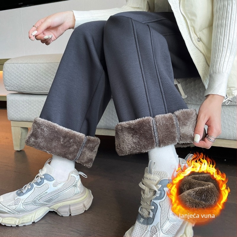 Ženske hlače od ovčje vune s fleece podstavom, uski kroj s širokim nogavicama, casual stil, jesen zima