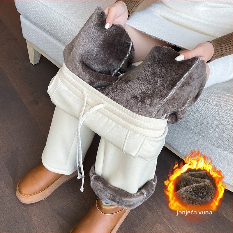 Ženske hlače od ovčje vune s fleece podstavom, uski kroj s širokim nogavicama, casual stil, jesen zima