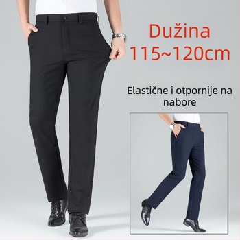 Muške hlače za poslovni stil s ravnim krojem, visokim strukom i remenom, zatvaračem, debeli elastični poliester